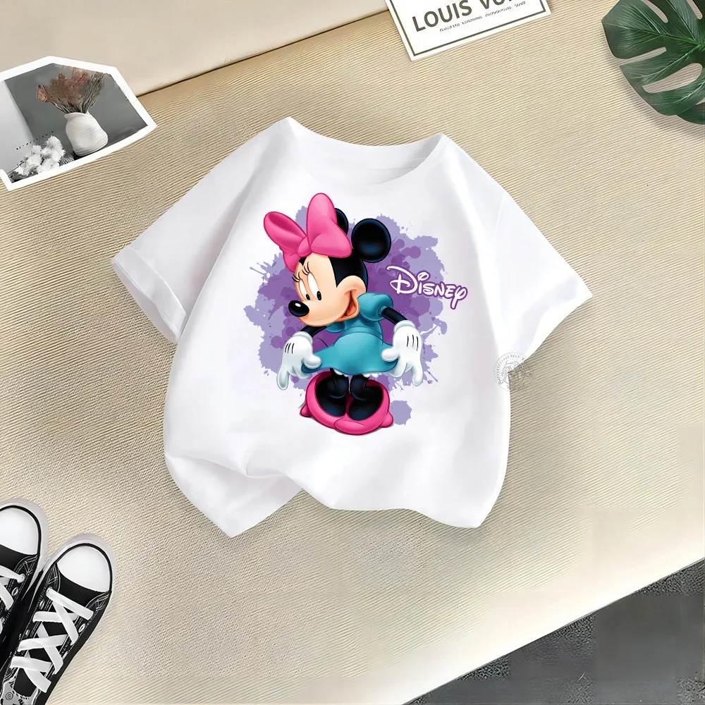 Disney-Minnie infantil camiseta de algodão manga curta, top de rua de verão, desenhos animados, meninos e meninas, blusa casual infantil