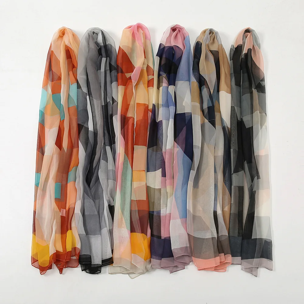 Summer New Chiffon Scarf For Women Colored Plaid Patchwork Sunscreen Scarves Soft Thin Foulard Viscose Autumn Female Wrap Shawls