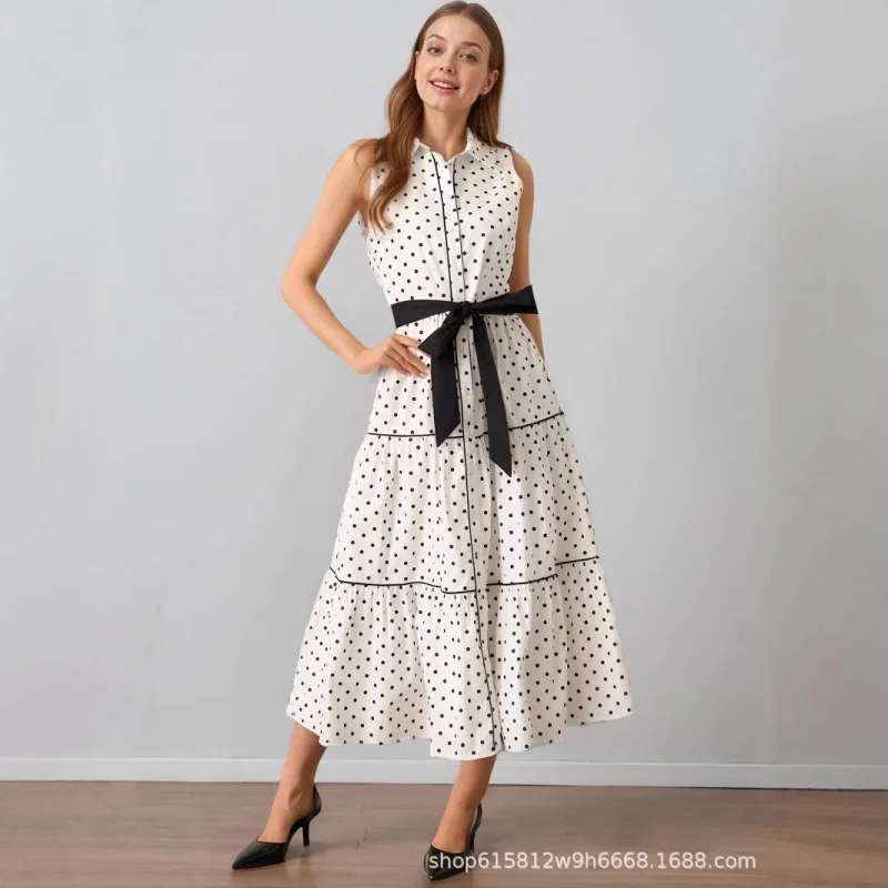

European Style Elegant New Women's Fashion Spring Summer Sleeveless Turn-down Collar Polka Dress