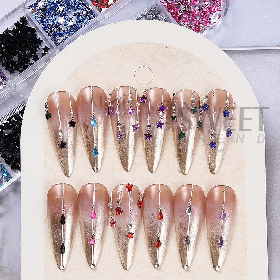 12 Grids Colorful Pointed Bottom Nails Art Rhinestones 3D Crystal Glitter Gems Rivet Nail Supplies Manicure Decor Accessories