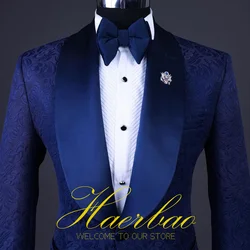 Jacquard bleu marine imbibé pour homme, veste et pantalon slim, tenue de mariage classique, beau smoking, 2 pièces