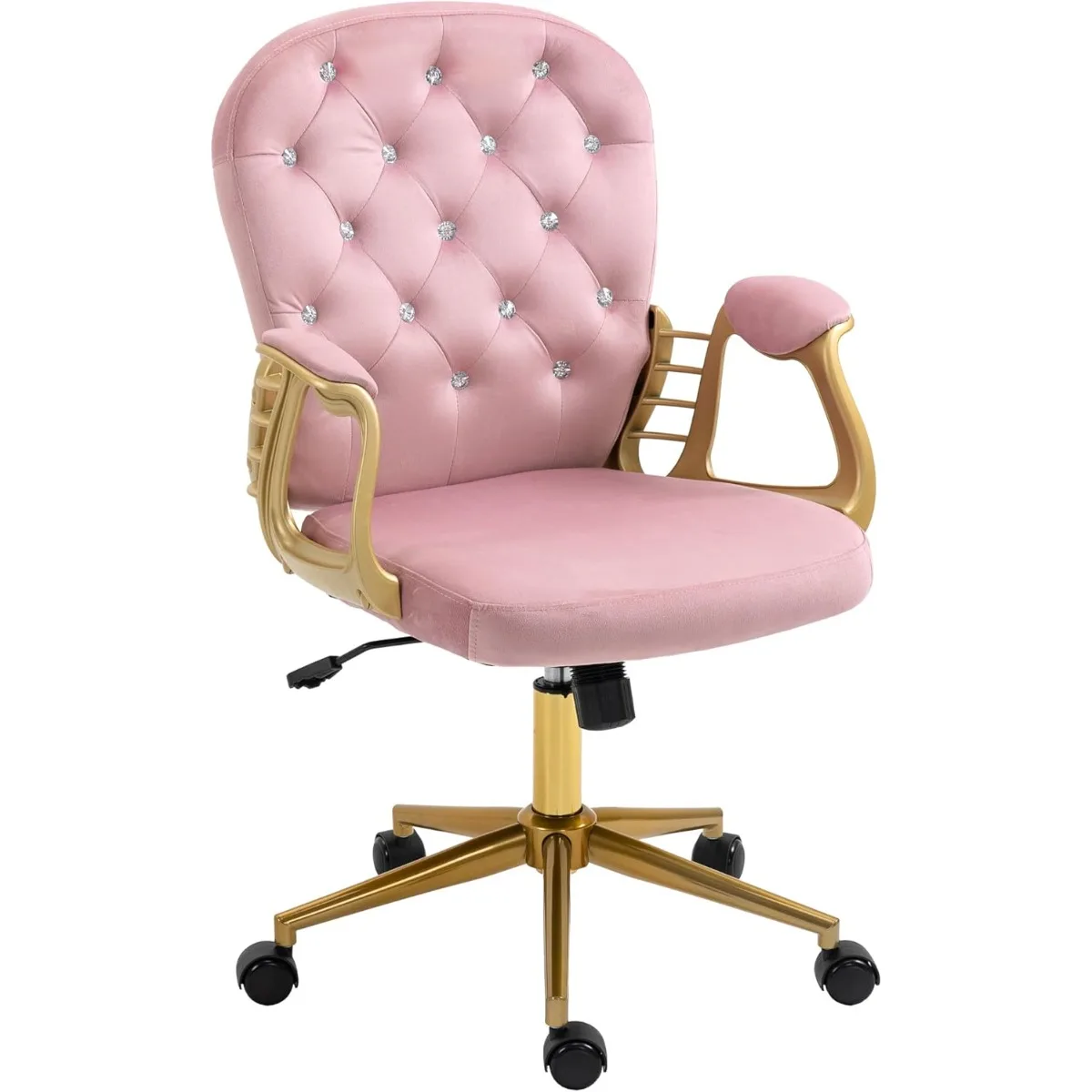 Samt-Home-Office-Schreibtischstuhl mit goldenen Beinen und Armlehnen, getufteter Drehstuhl mit Knöpfen für Mädchen und Frauen, Arbeitszimmer/Schminktisch, Rosa