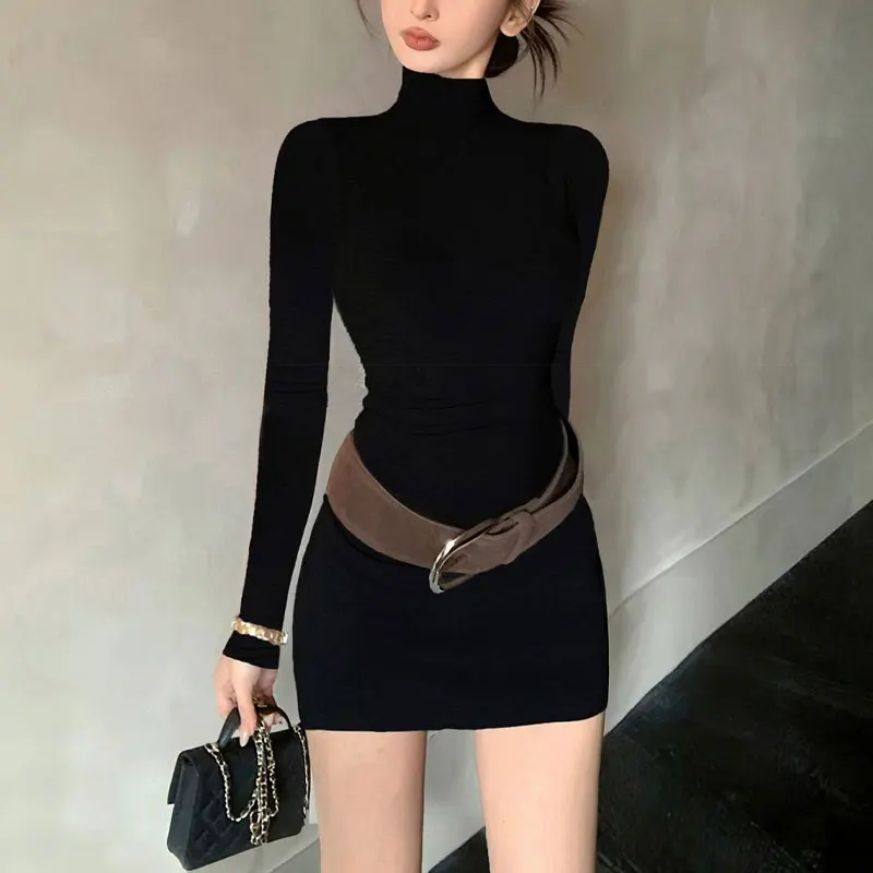 French Style Aura Slim Bag Hip Dresses Women's Clothing Solid Color Autumn Half High Collar Basic Long Sleeve Sashes Mini Dress
