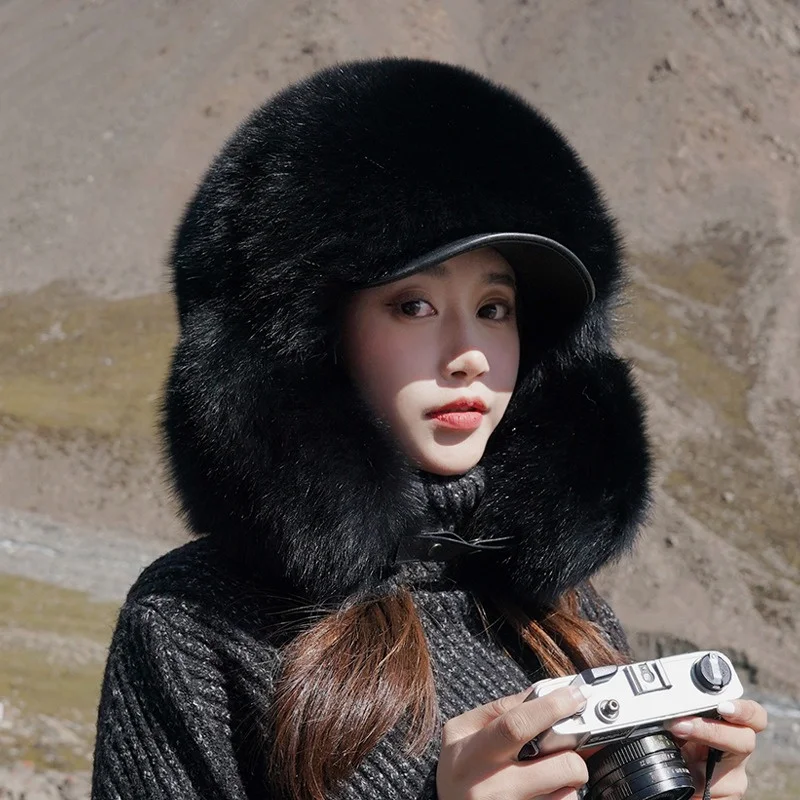 Women's High-end Luxury Fur Lei Feng Hat Winter Fox Fur Warm Ear Protection Hat Outdoor Fashion Cold Fur Lei Feng Hat