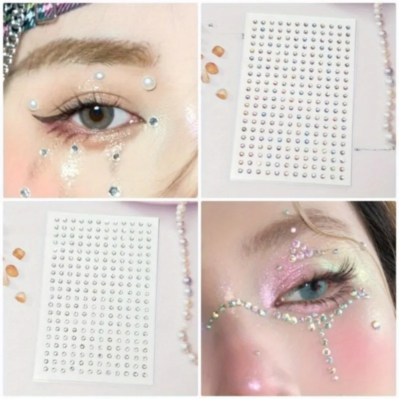 4 Blatt Strass-Aufkleber, Kunstperlen, selbstklebende Gesichtsjuwelen, Stick, Make-up, Gesichtshaar, Körperdekoration, Strass-Charms