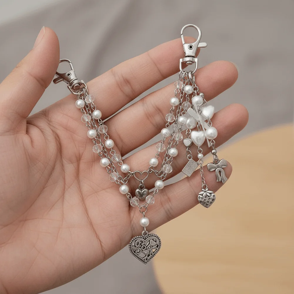 Sweet Imitation Pearl Accessories Heart Multi-layer Design Acrylic Bag Chain Trendy Metal Material Beaded Keychain