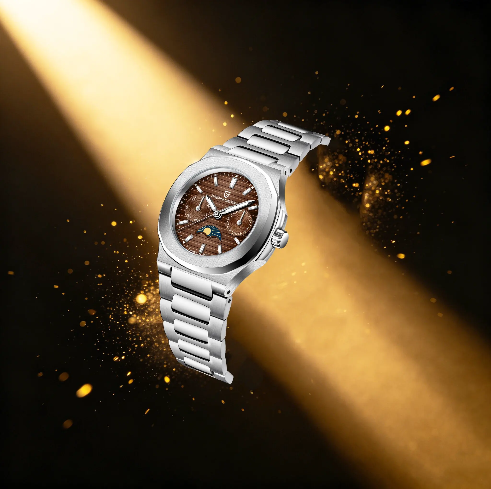 PAGANI DESIGN Simple High-End Lady Quartz Watch  Elegant Luxury Stainless Steel Moon Phase Daily/Weekly Display Luminous Watch