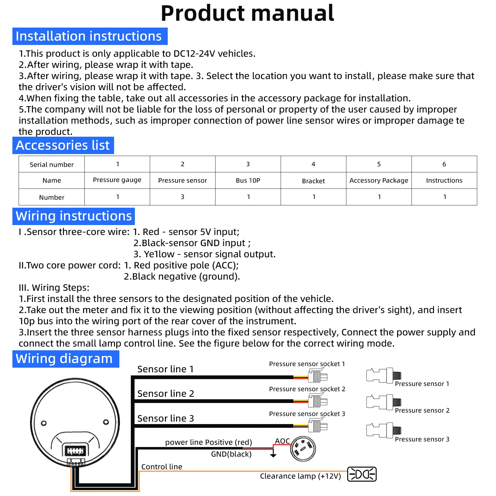 52mm Car Air Pressure Gauge Blue LED Boost Gauges Three Digital Display 220PSI Air Ride Suspension with 3pcs 1/8NPT Sensors