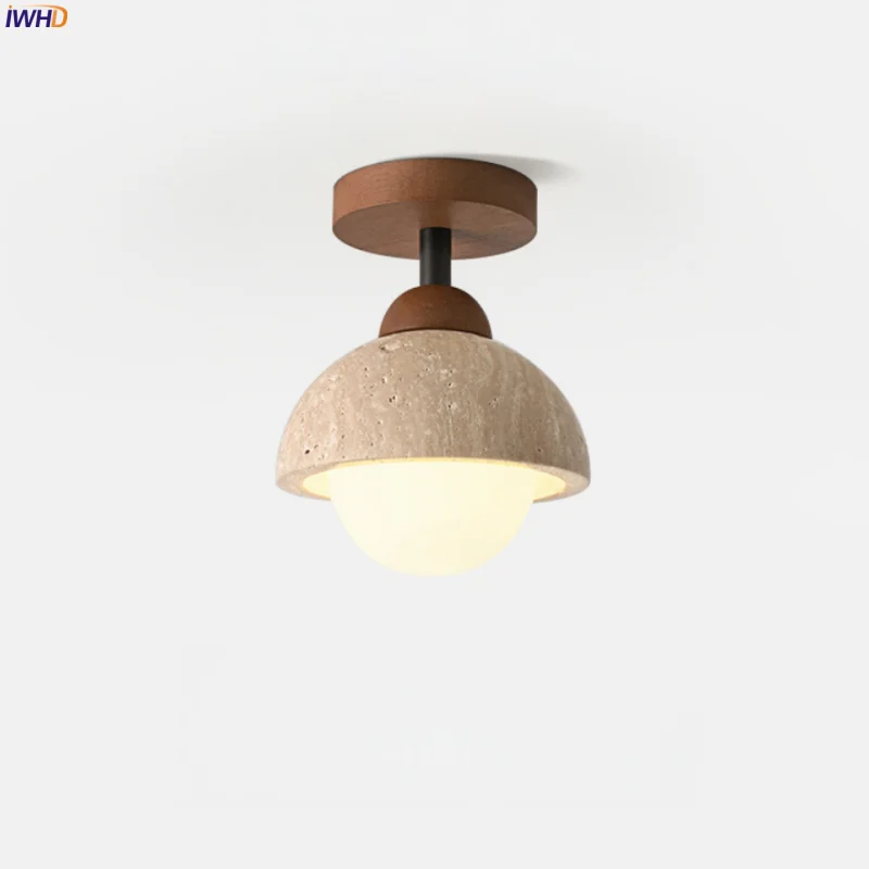 

IWHD Mid Century Modern LED Ceiling Lamps Living Room Bedroom Design Porch Yellow Travertine Glass Ceiling Lights Lampy Sufitowe