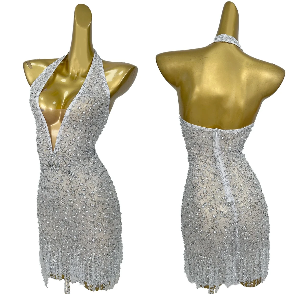 

Sparkly Rhinestone Pearls White Mini Dress Sexy Women Deep V Neck Couture Backless Tassel Dresses Birthday Outfit Tiantianquan