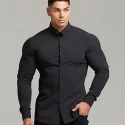 Men's Dress Shirt Long Sleeve Spring Autumn Fashion Non-Iron Social Business Solid Mercerized Vertical Black Fitness Clothing6XL