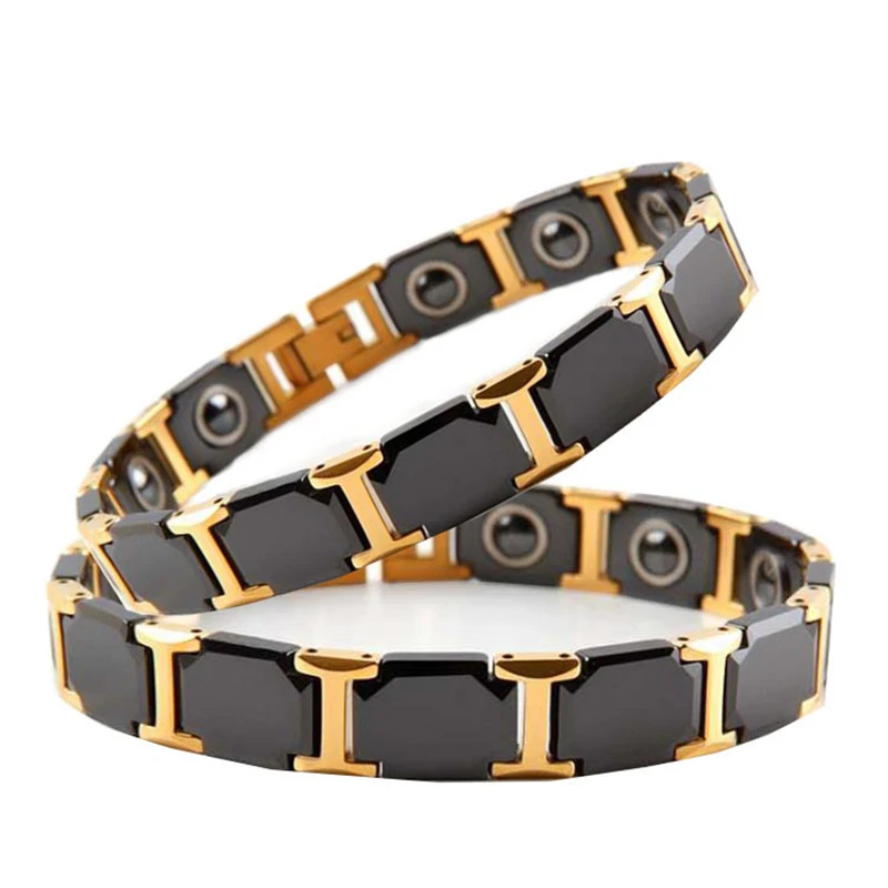 11mm Punk Luxury Black Ceramic Magnetic Health Germanium Bracelet Men Women Gold Color Stainless Steel Bike Chain Bangle Jewelry