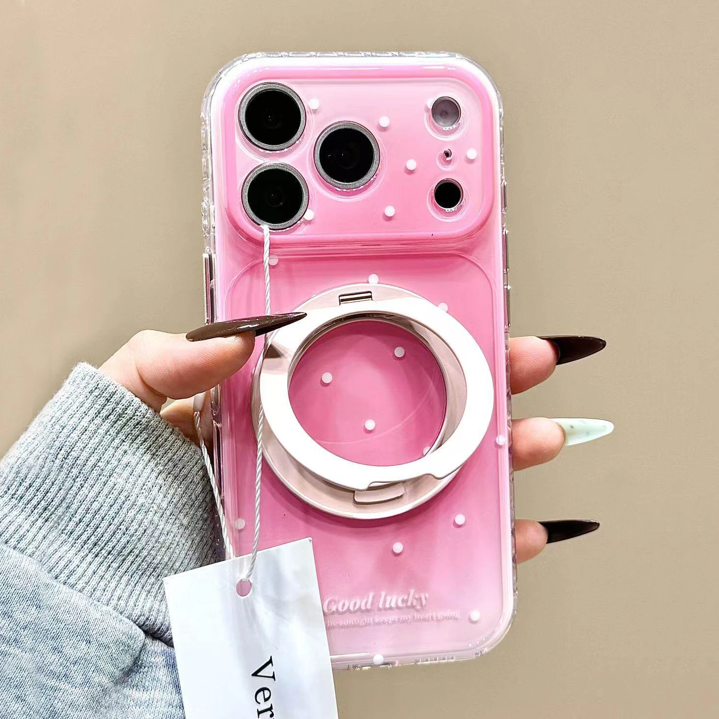 

Cute Polka Dots Magnet Ring Rotating Folding Magnetic Stand Holder Phone Case For iPhone 17promax 16 15Pro Max Anti-slip Cover