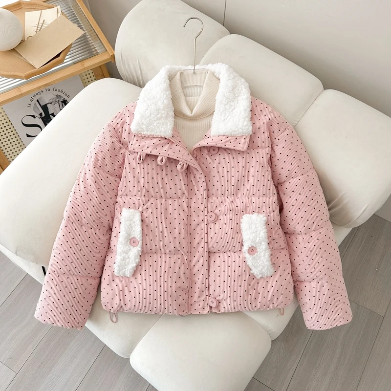 

Sweet Polka Dot Lamb Fur Collar down Cotton Jaet Women ort Outerwear Small Size Bread Sle Coat Princ Loose Fit