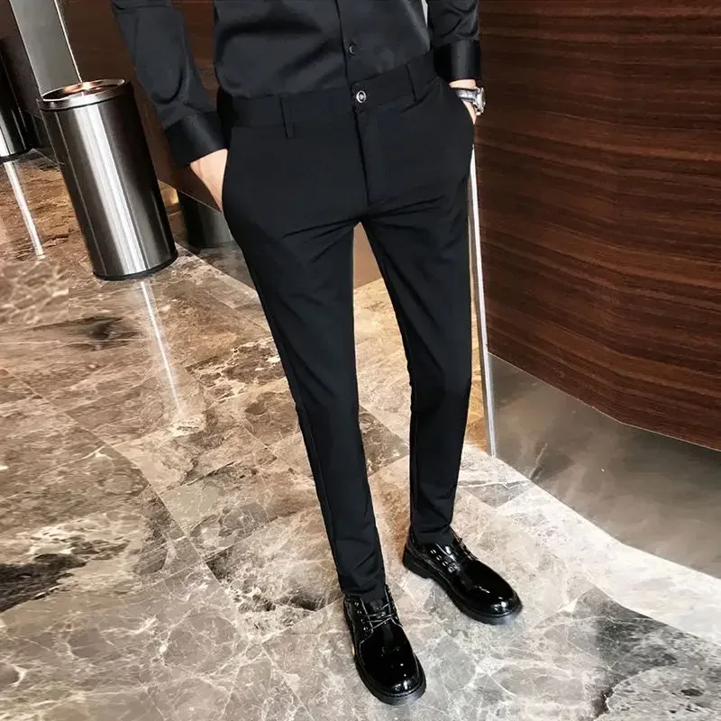 Tressed Trousers For Men Work Draped Black 9 Cropped Stretch Fluid Man Suits Pants Elastic Slim Fit Office New In Luxury Dress