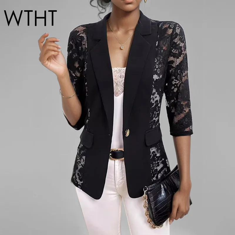 WTHT elegant trendy women's spliced lace design solid color blazer 2025 spring fashion lapel short sleeves jacket female 1LS682