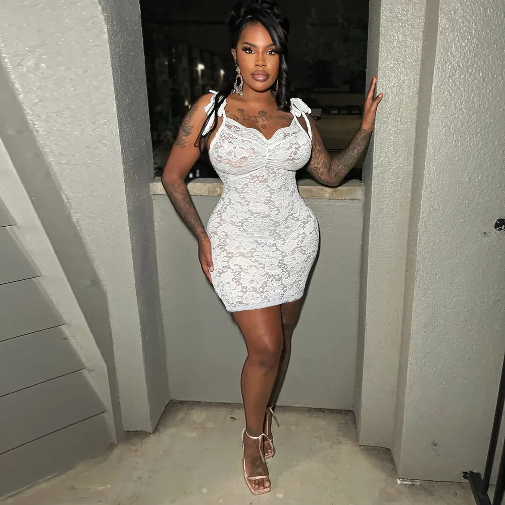 여성용 신상품 시스루 피팅 스트랩리스 드레스 플로럴 레이스와 하이웨이스트 디자인