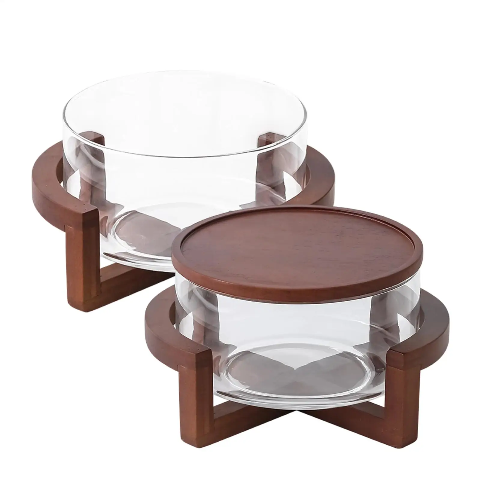 Wood Base Glass Salad Bowl 1800ml Food-Grade Kitchen Fruit Bowl For Party Serving, Pasta, Fruits, Vegetables, Desserts