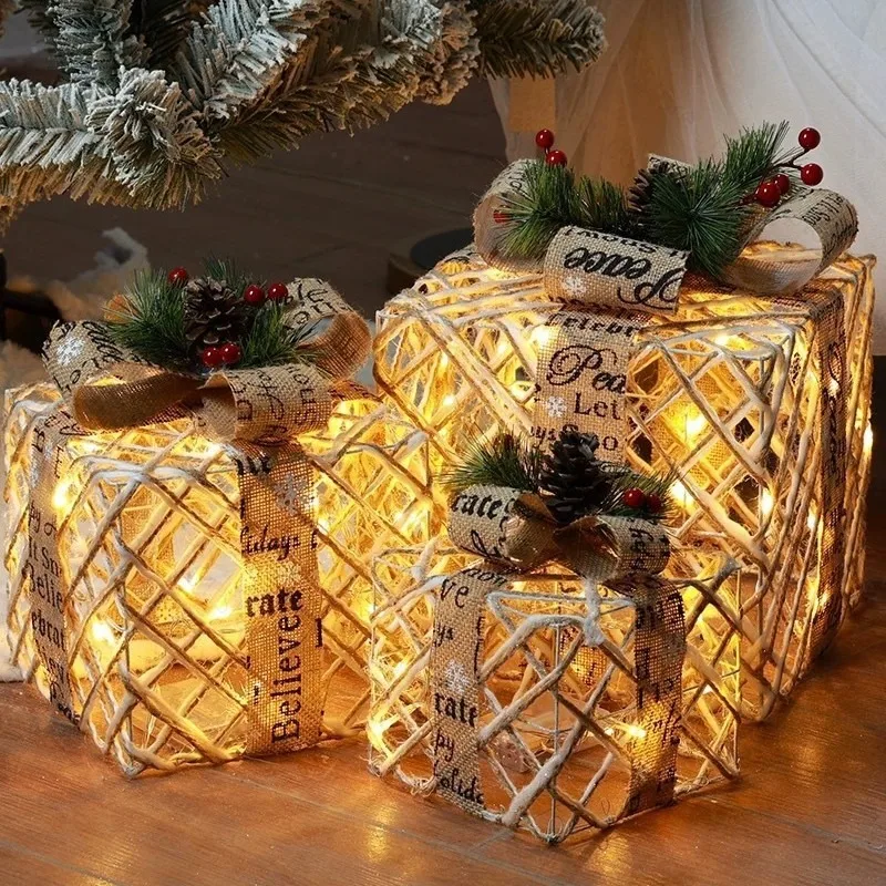 Christmas Wrought Iron Luminous Gift Box Stack Head Shopping Mall Window Christmas Luminous Flocking Ornament
