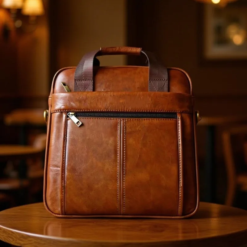 

Business genuine leather men's briefcase, simple vertical waterproof single-shoulder bag, travel crossbody bag