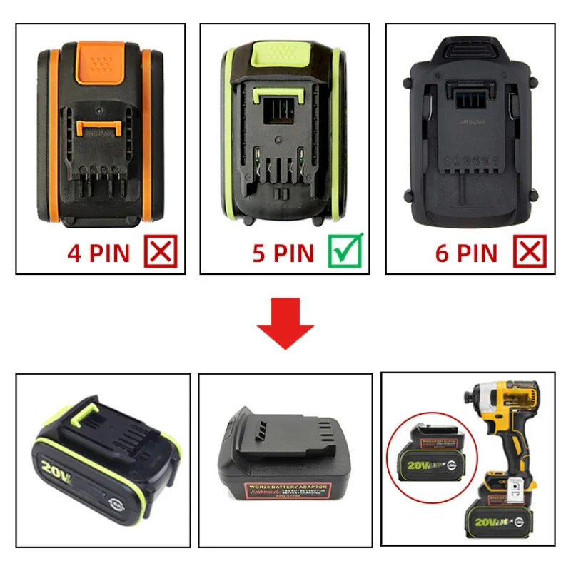 Adaptador de batería Compatible con Worx 20v 5 pies pies grandes convertido a Compatible con convertidor de herramientas eléctricas de batería Dewalt 18V 20V