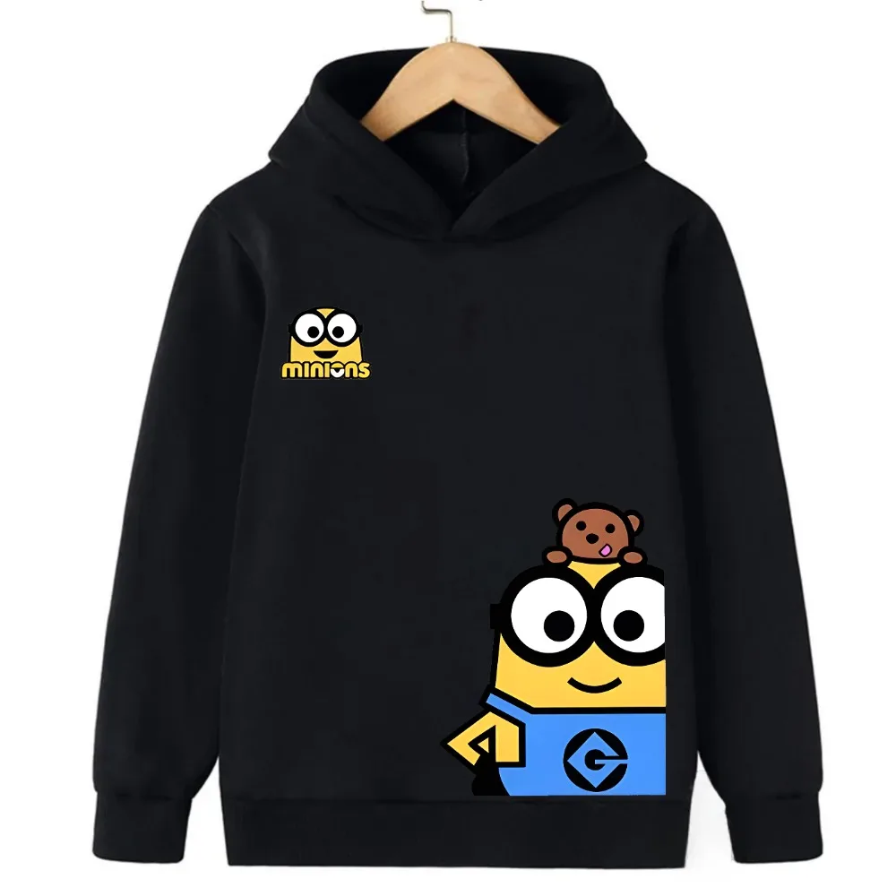 سترة بغطاء للرأس مطبوعة برسوم كارتونية مينيونز للأطفال، سترة كاجوال سوداء طويلة الأكمام بغطاء للرأس #1