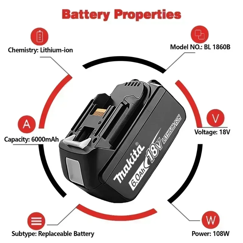 Original Makita 18V 6A Rechargeable Power Tools Battery 18V makita with LED Li-ion Replacement LXT BL1860B BL1860 BL1850 Charger