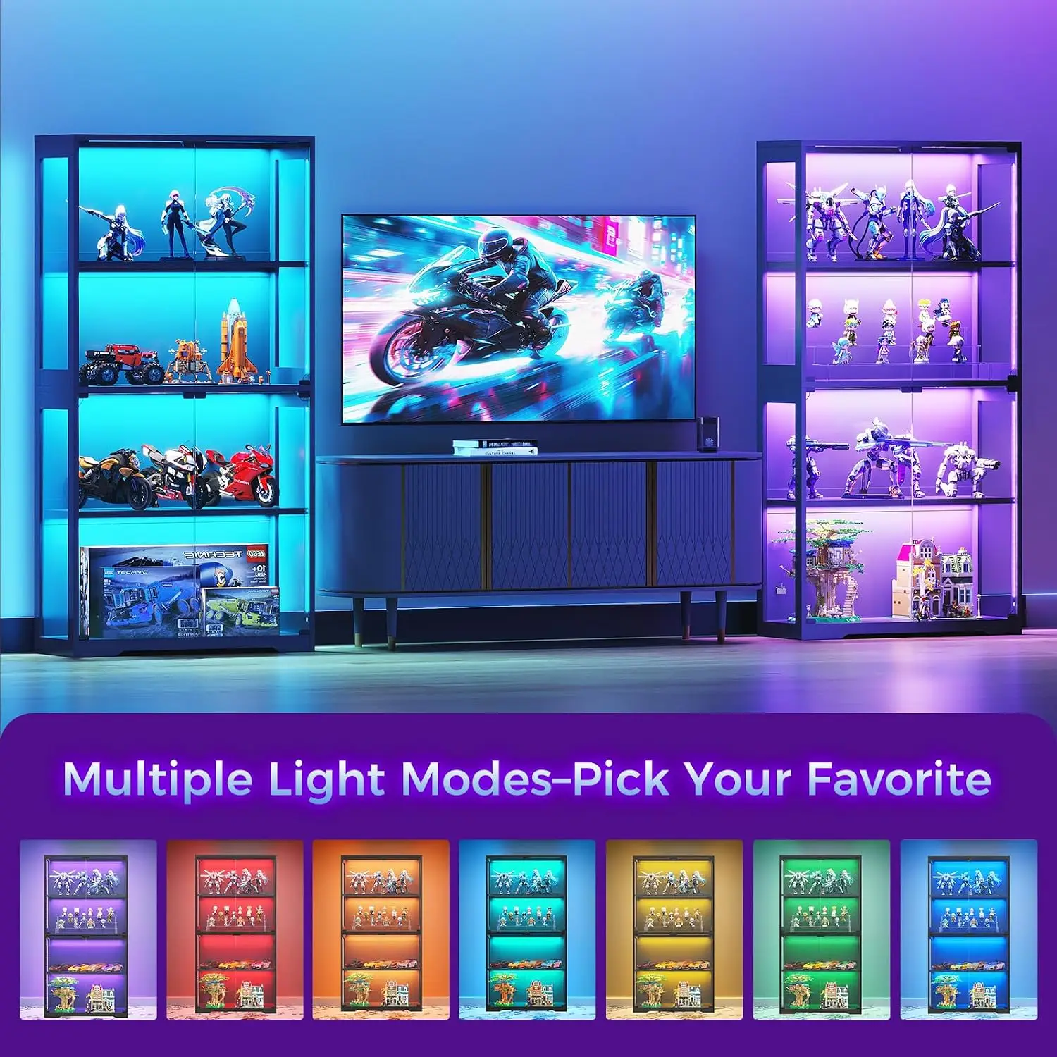 Glass Display Cabinet with RGB LED Light & Doors, Customized