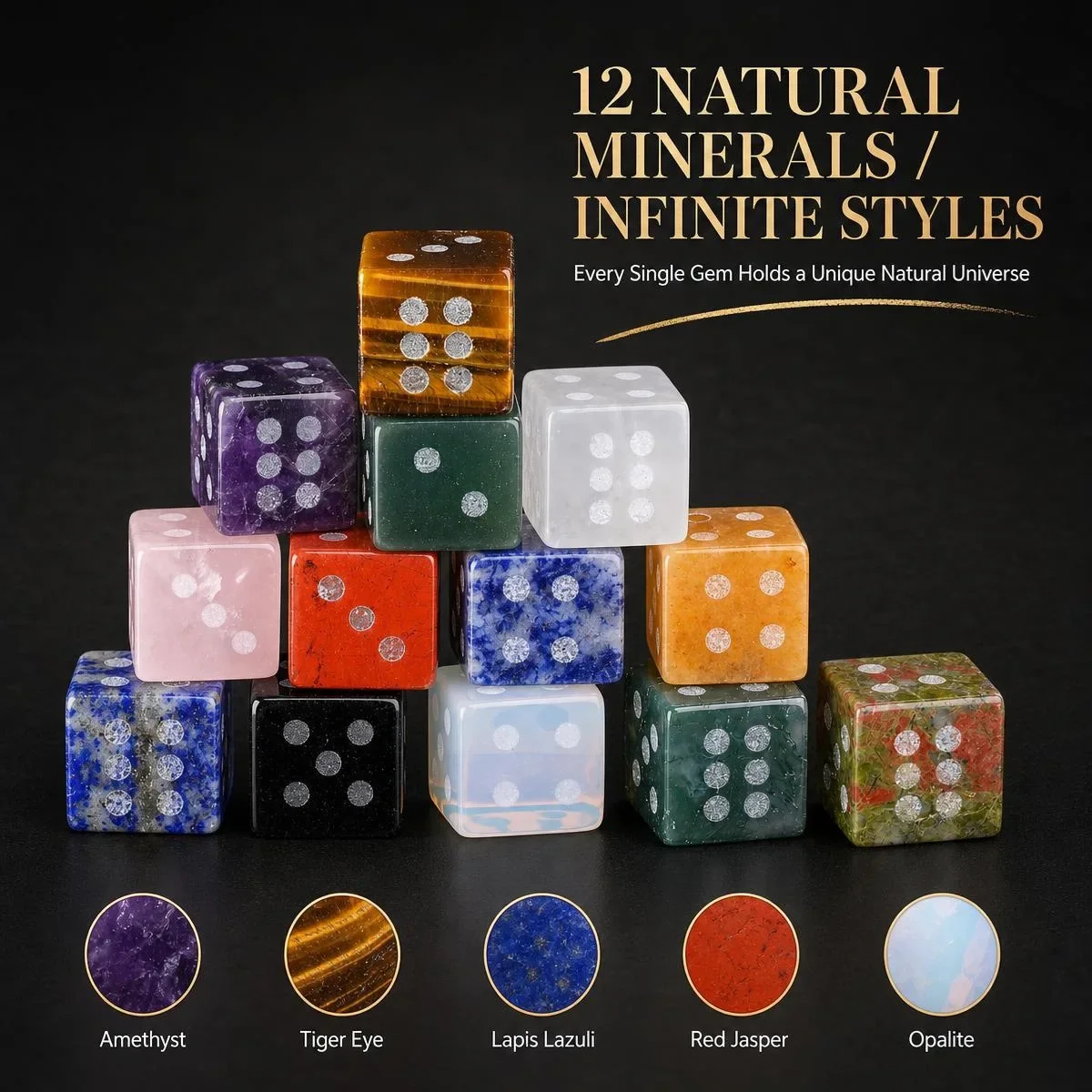 JOYAGIFT 12PCS 16mm Gemstone D6 Dice Gold Pips Hand Carved 6-Sided Crystal Spot Dice for Tabletop Board Game Collection
