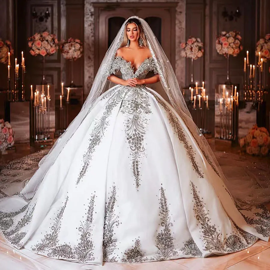 Luxury Beaded Ball Gown Wedding Dresses Women Dubai Rhinestones V Neck Off Shoulder Chapel Train Bridal Gown Vestidos De Novi