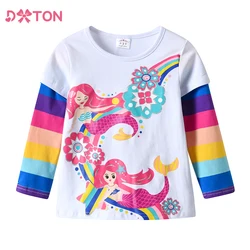 DXTON Girls Rainbow Sleeve T-shirts Spring Mermaid Printed Children Girls Tops Floral Toddlers Cotton Tees Cartoon Kids Outfits