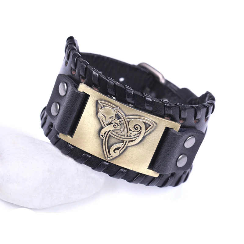 Trendy Totem Design Odin Triangle Fox Bracelet Men\'s Bracelet Fashion Leather Animal Viking Accessories Party Jewelry Wholesale