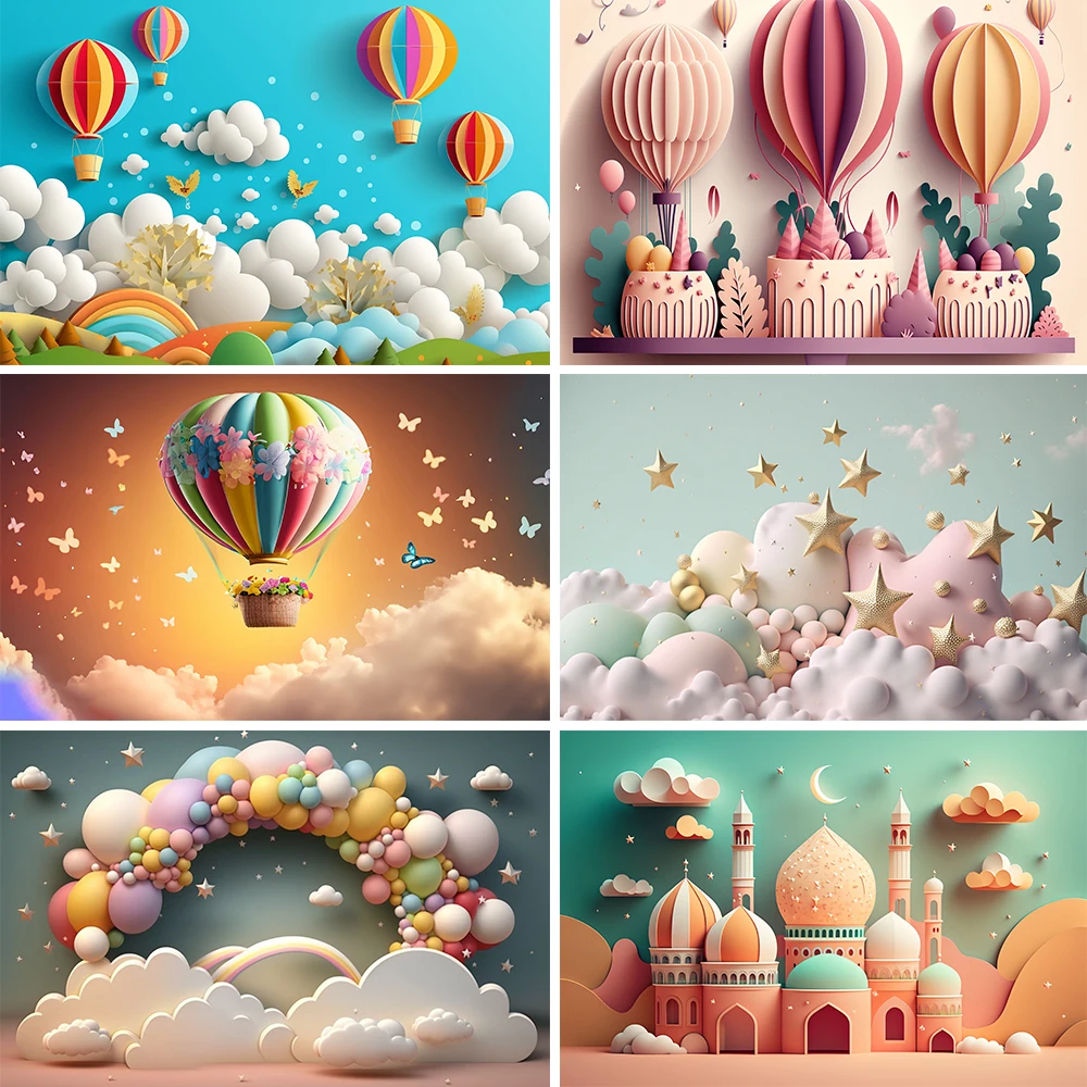 

Bonvvie Photography Background Rainbow Hot Air Balloon Flower Girl Boy Birthday Party Cake Smash Decor Backdrop Photo Studio