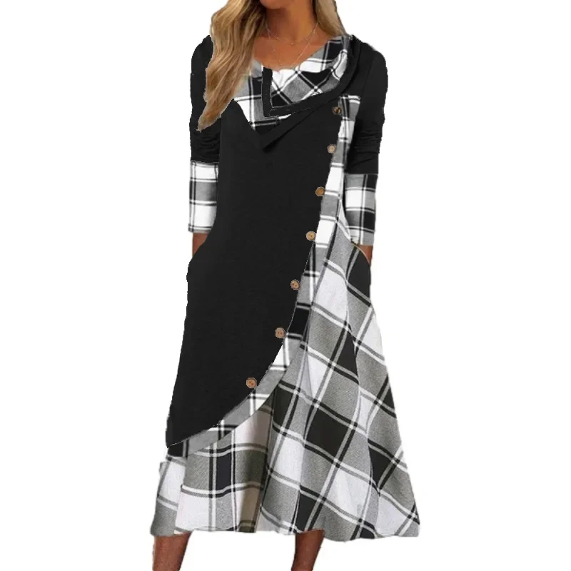 Streetwear Mode Knopf Plaid Patchwork Kleider Damen bekleidung Langarm lässig lose Flor Kragen Taschen Kleid für Frauen