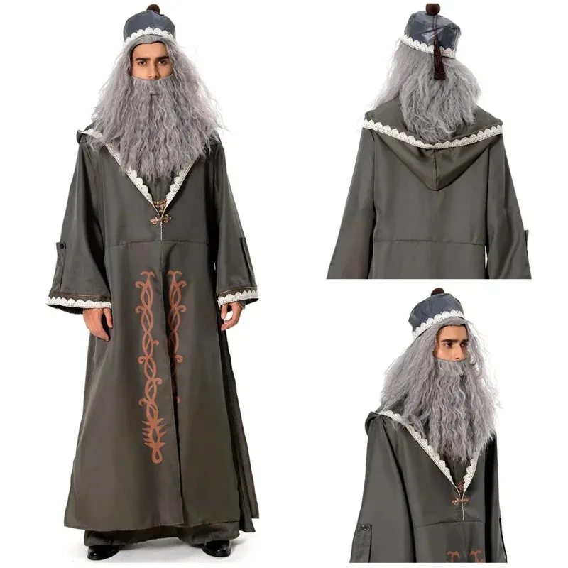 

Dumbledore Cosplay Adult Men Robe Costume Halloween Cosplay Costume With Hat Wig Full Set for Adult Men
