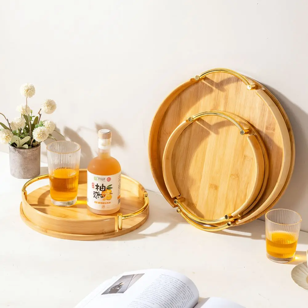 Kitchen Bamboo Serving Tray Round Wooden Platter With Handles Decorative Home Storage Tray For Breakfast Tea Fruit Display