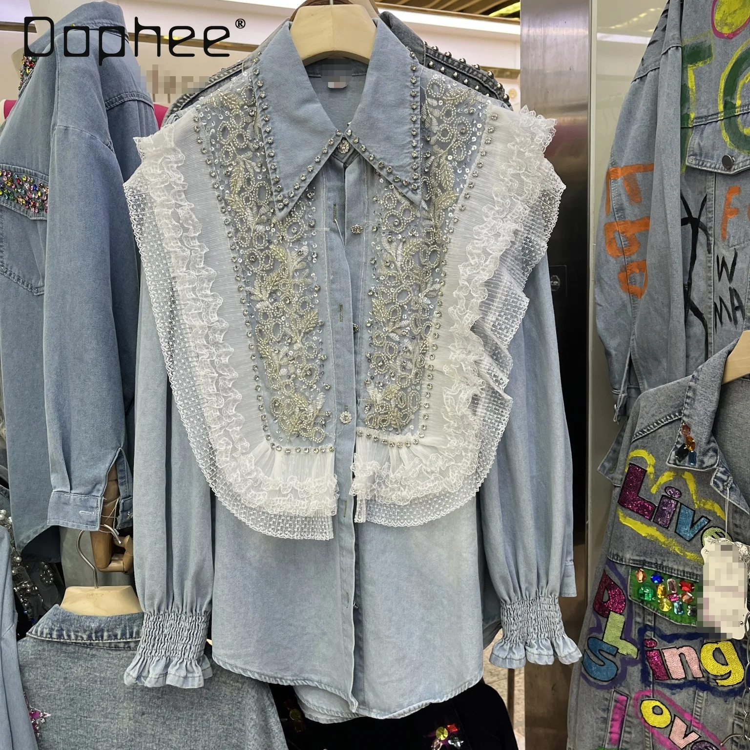 Women's Sequined Pearl Rhinestones Jean Blouse 2024 Spring New Woman Clothing Lace Edge Stitching Pointed Collar Denim Shirts