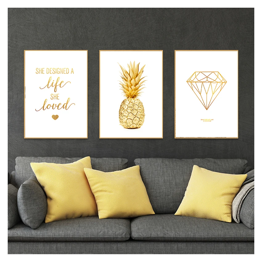 Print Pineapple Abstract Painting Geometric Posters And Prints Wall Picture Modern Home Decor Quotes Poster Gold Wall Art Canvas