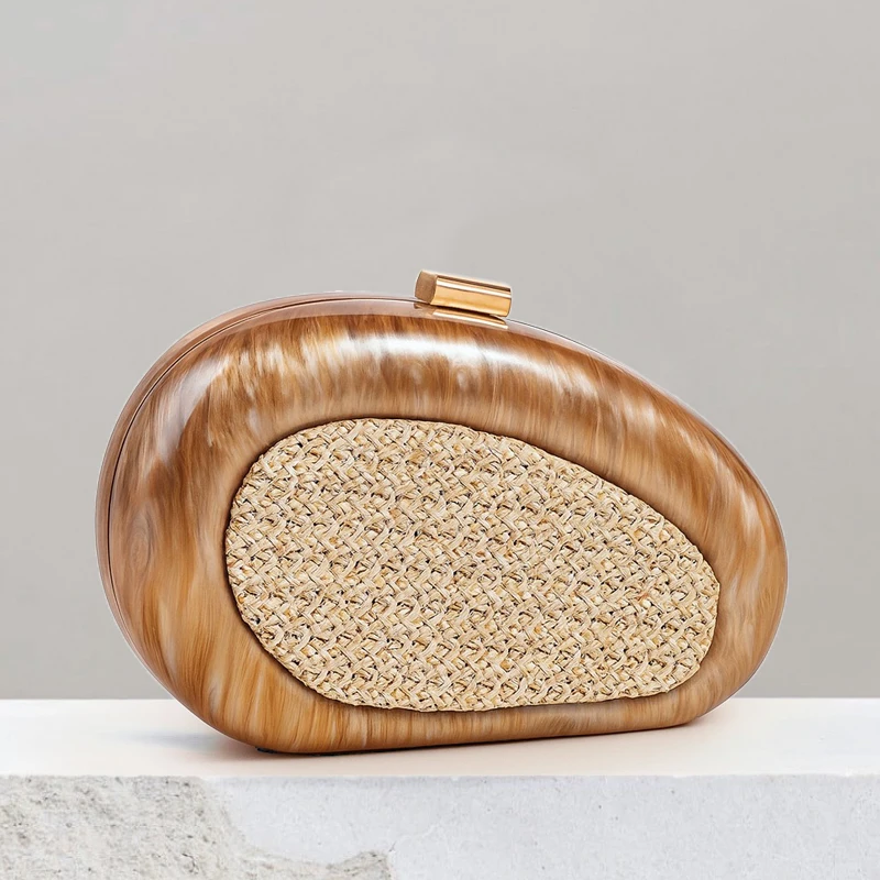 

Овальный клатч из яичной скорлупы, вечерние сумки для женщин, роскошная дизайнерская сумка-кошелек, новинка 2025, соломенный плетеный акриловый ремешок-цепочка на плечо