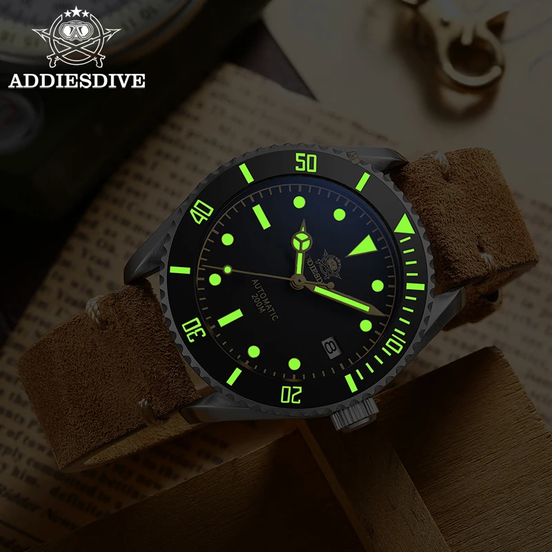 ADDIESDIVE Men’s Leather Mechanical Watches Ceramic Bezel Sapphire NH35 Calendar Wristwatches C3 Retro Luminous Business Watch