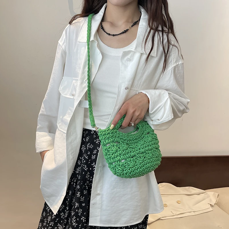 Women\'s Bag Woven Shoulder Crossbody Handbag Braided Cotton Fabric Crochet Soft Casual Lady Fashion Small Rope Bag 2024 New