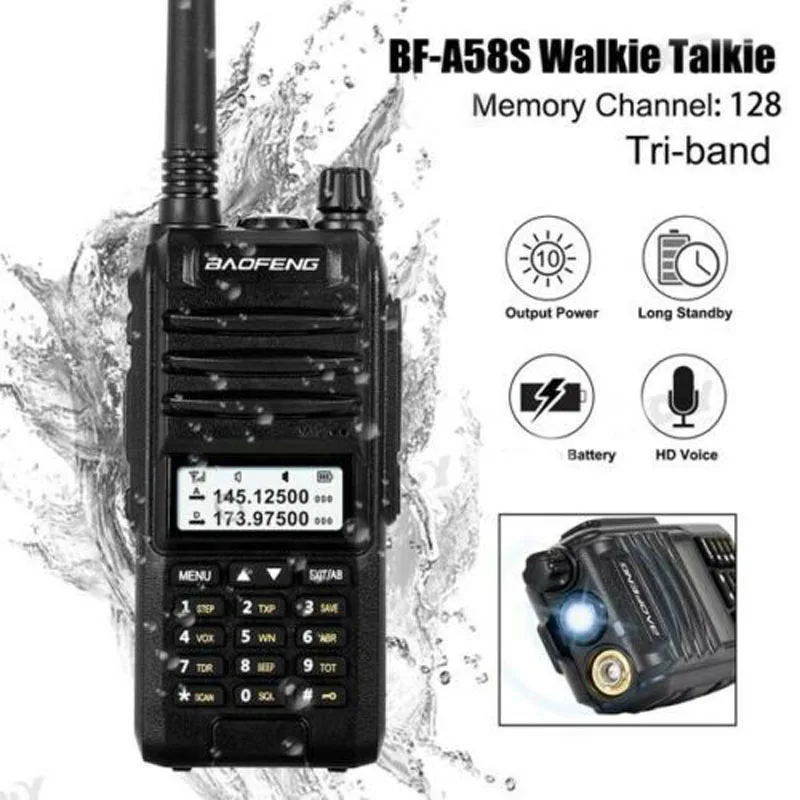 

Baofeng BF-A58S Tri Band IP57 Waterproof Walkie Talkie 136-174/200-260/400-520MHz 128 Channel Portable Two Way Radio Transceiver