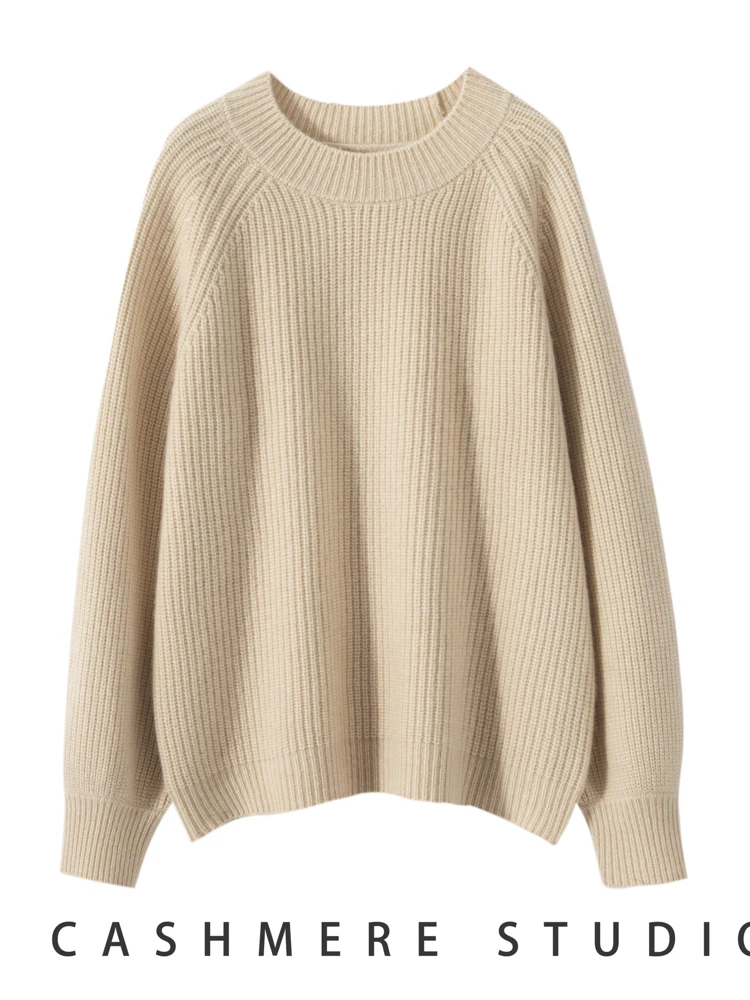 

New Chic Casual Loose Women's Autumn Winter Cashmere Pullover O-Neck 100% Cashmere Knitted Sweater Thick Raglan Sleeve Warm Tops