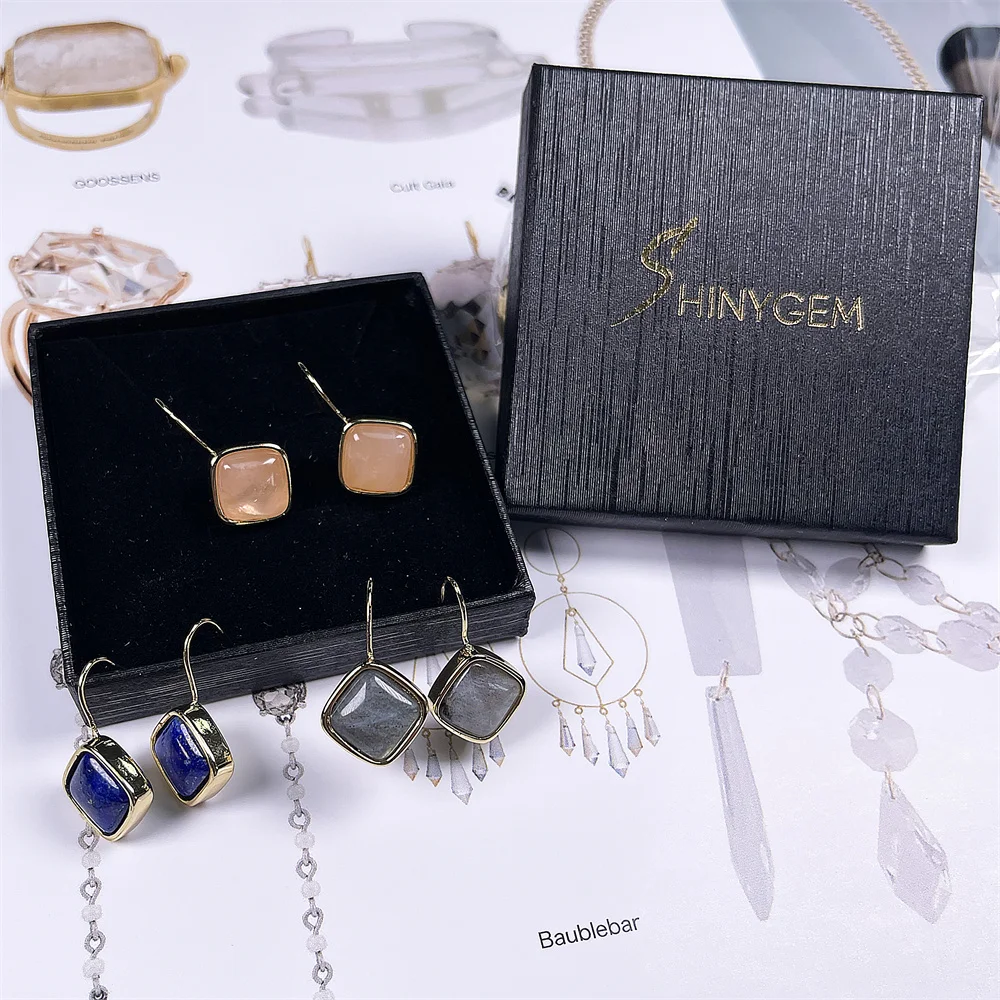 SHINYGEM الحجر الطبيعي مربع كريستال اللازورد اللابرادوريت بسيط الأذن اليدوية البوهيمي مجوهرات للنساء أقراط #6