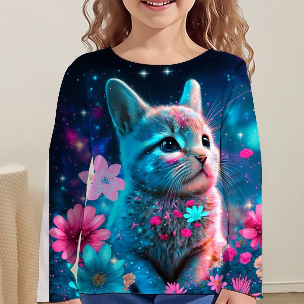 Children Clothes Girl Long Sleeve T-Shirt for Girls 2024 Kids Clothes One Piece Graphic T Shirts Cat Girls Clothes 2 to 8 Years