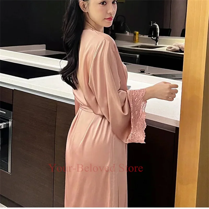 Lady Sexy Lace Trim Bathrobe Long Sleepshirt Palace Style Robe Set Vintage Ice Silk 2Pcs Sling Nightgown Home Dressing Gown