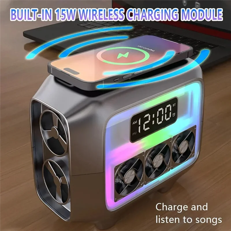 ABJO-Bluetooth Speaker Stereo Loudspeaker Wireless Charger Pad Led Light Alarm Clock Fast Charging Station For Smartphone