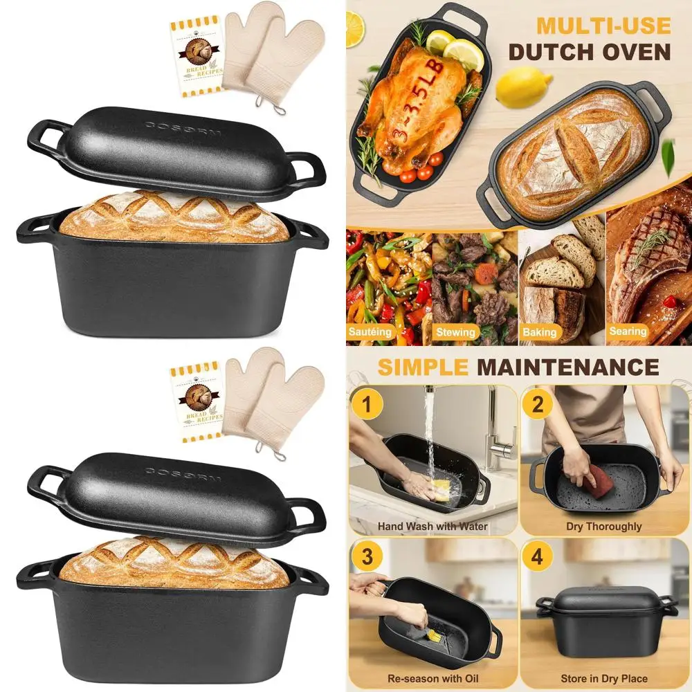 

Oval Cast Iron Dutch Oven for Sourdough, Pre-Seasoned Pan with Lid, Perfect for Homemade Bread