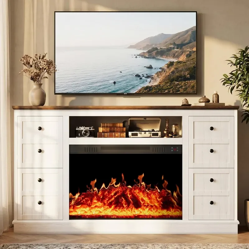 62 Farmhouse Fireplace TV Stand for up to 75 TV White