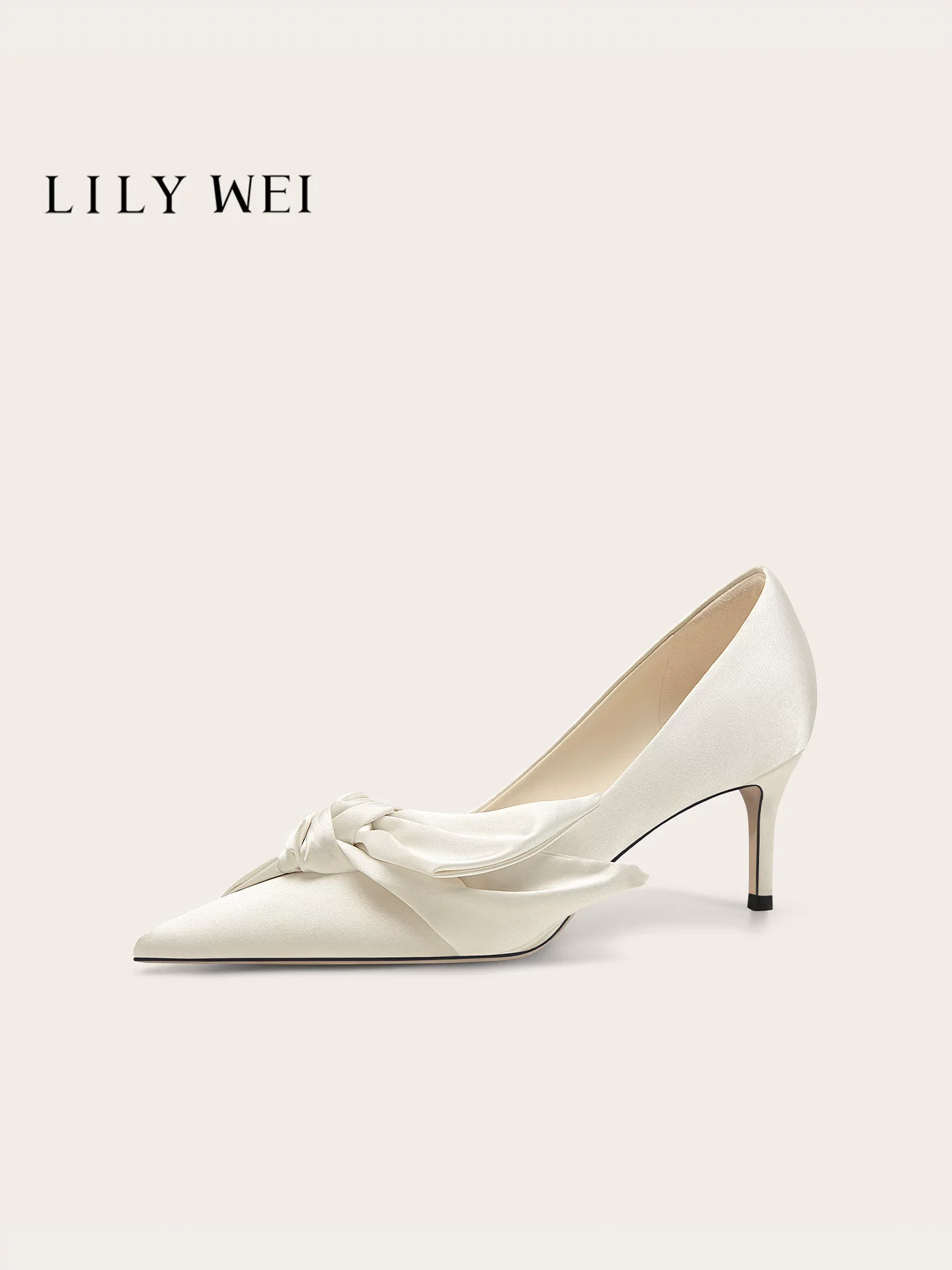 Spring new pointed satin symmetrical bow thin heel wedding shoes banquet large size small size widened high heels women's shoes